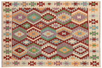 Flat Weave Kilim, Antique, Navaho, Vintage, Handmade, Geometric Kilim Rust Beige Hand-Woven Rectangle 100% Wool Area Rug 5 x 6